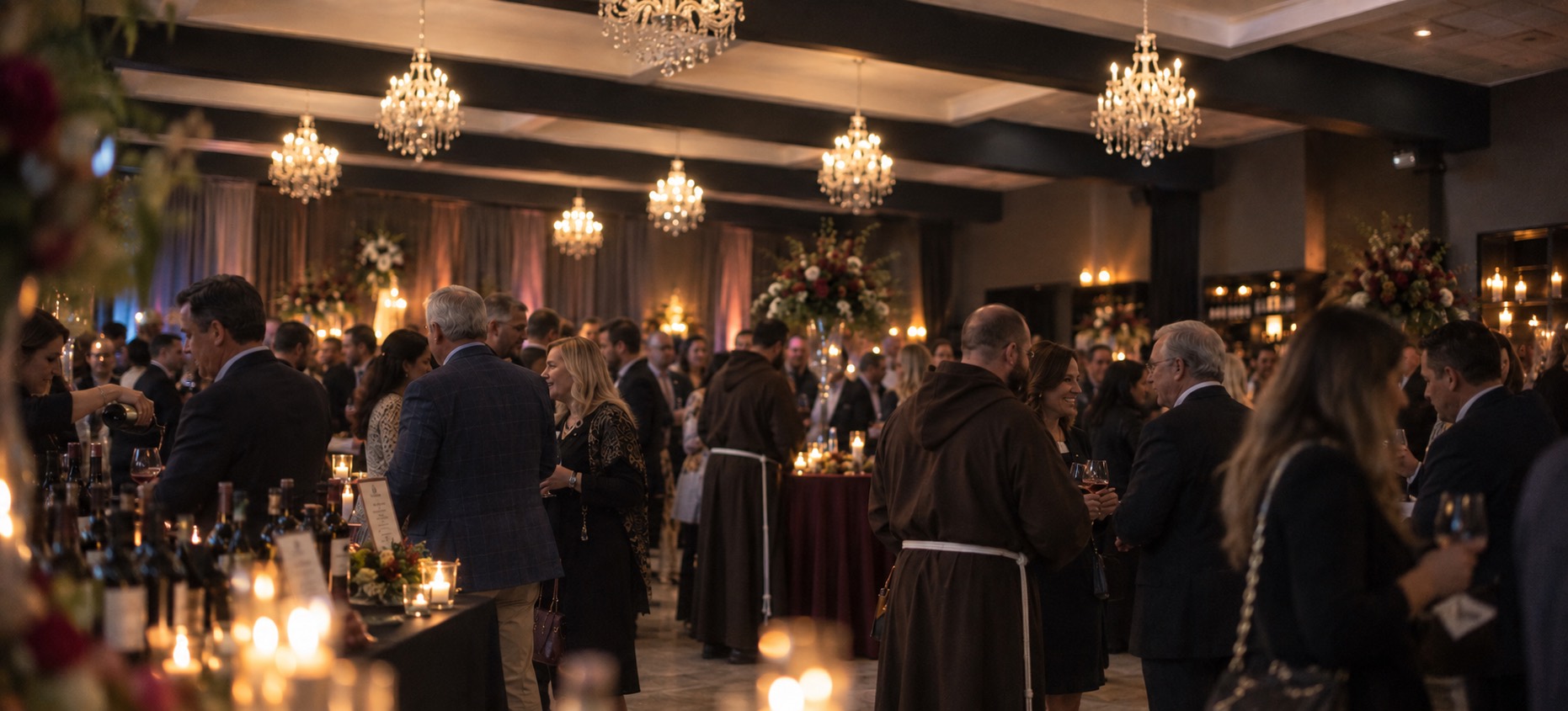Guests and Capuchin friars gathered under chandeliers around candlelit wine tables at The Crush for the Capuchins